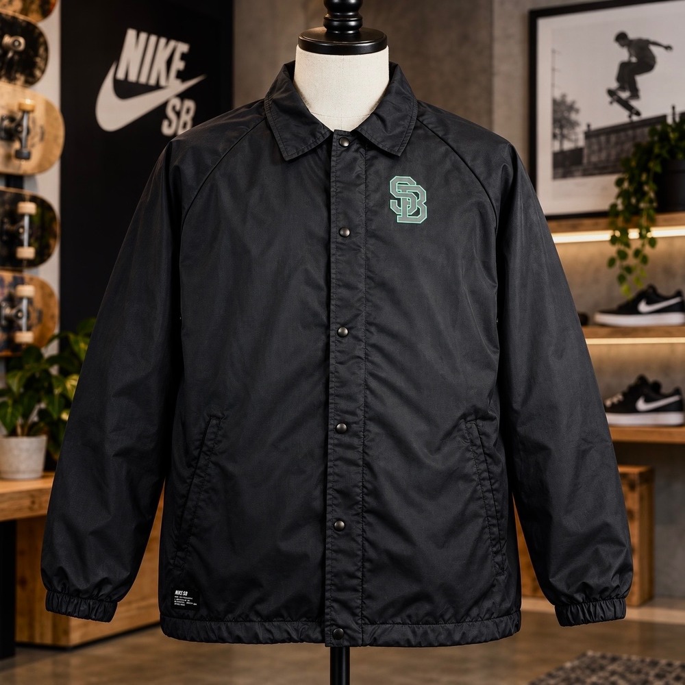 Nike SB Coaches Jacket Mens Large Black Ripstop Windbreaker Snap 618544-010
